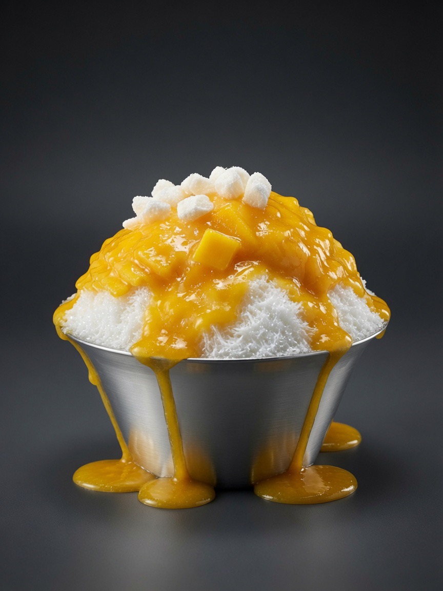 Mango Snow — diced mango, mango syrup and white mochi on milk shaved ice