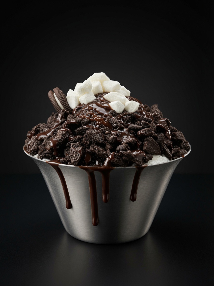 Oreo Snow — crushed cookies and chocolate drizzle on milk shaved ice