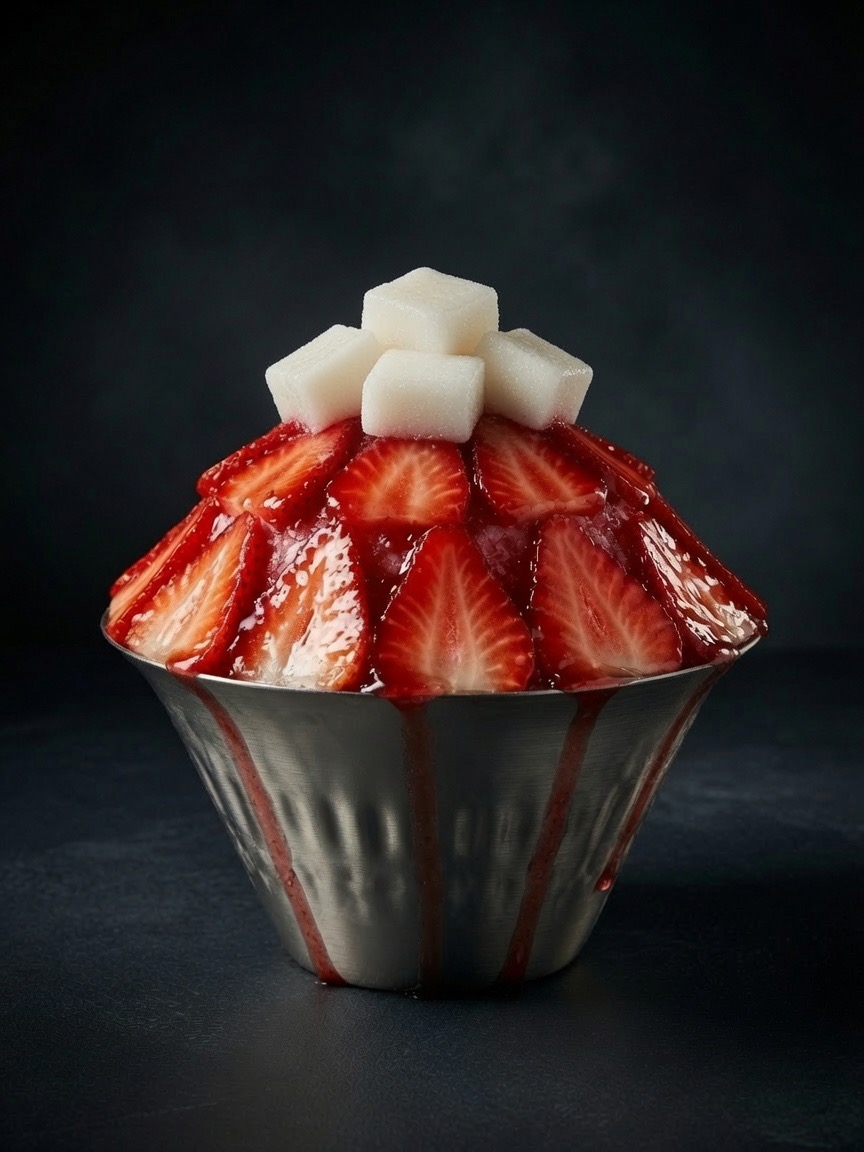 Strawberry Snow — sliced strawberries and berry syrup on milk shaved ice